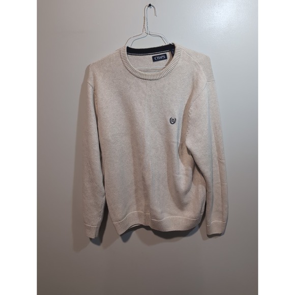 Chaps Men's Large Beige Sweater, Logo Embroidered, Cotton Knit Sweater, Pullover - Picture 1 of 8